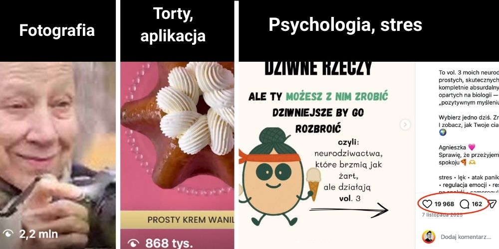 fotografia, torty, psychologia - zasięgi