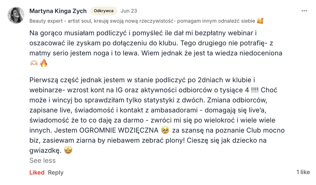 Opinia: Martyna Kinga Zych o MOCNO Clubie